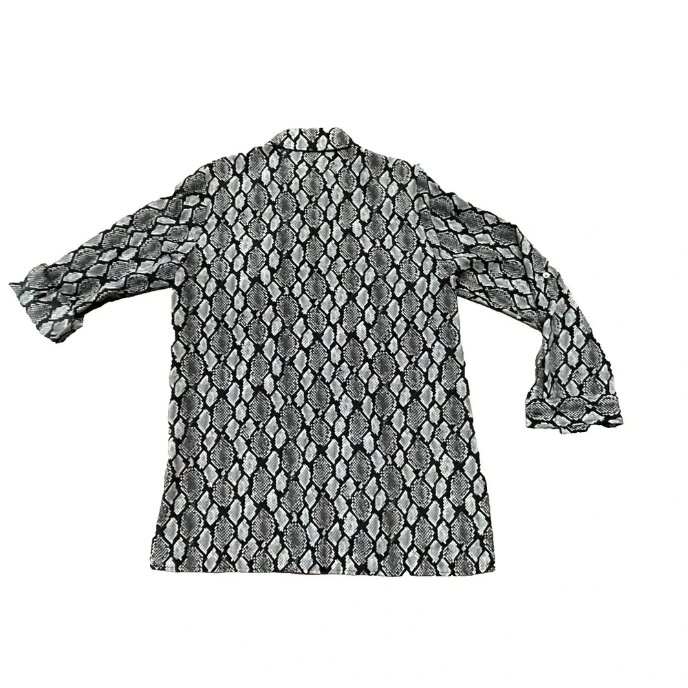Michael Kors Silver Metal Zip Front  Roll Up LS Blouse Snake Print  Large